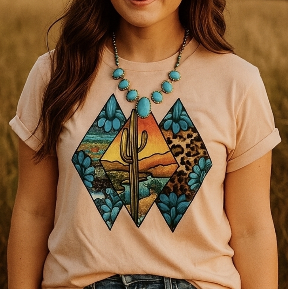🏜️ Country Life Desert Diamond Tee | Peach Southwestern Cactus Graphic T-Shirt